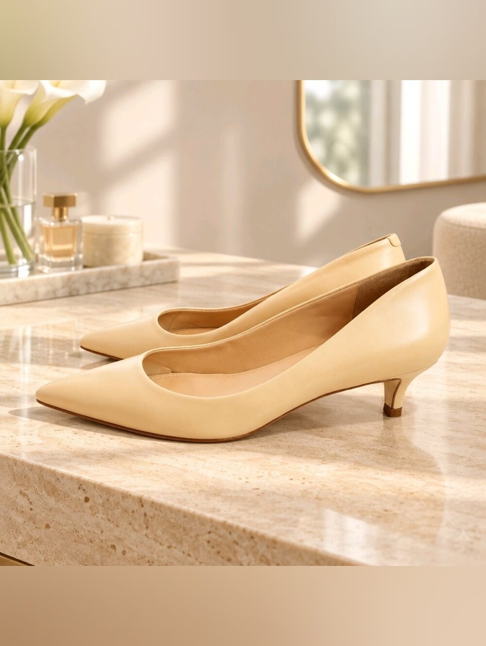 Saks Fifth Avenue Nude Leather Pointed Toe Kitten Heel Pumps